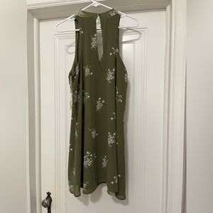 Olive green, floral, strapless dress with high neck.